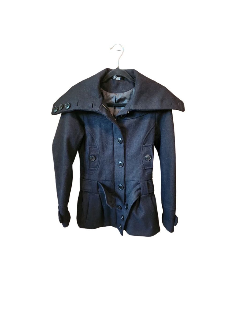 Women's Y2K Preppy Casual Divided Sz 4 Black Lined Wool Blend Pea Coat w Belt